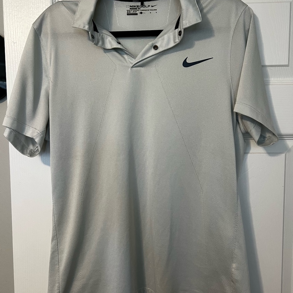 Nike Men's Light Gray Polo with Navy Swoosh